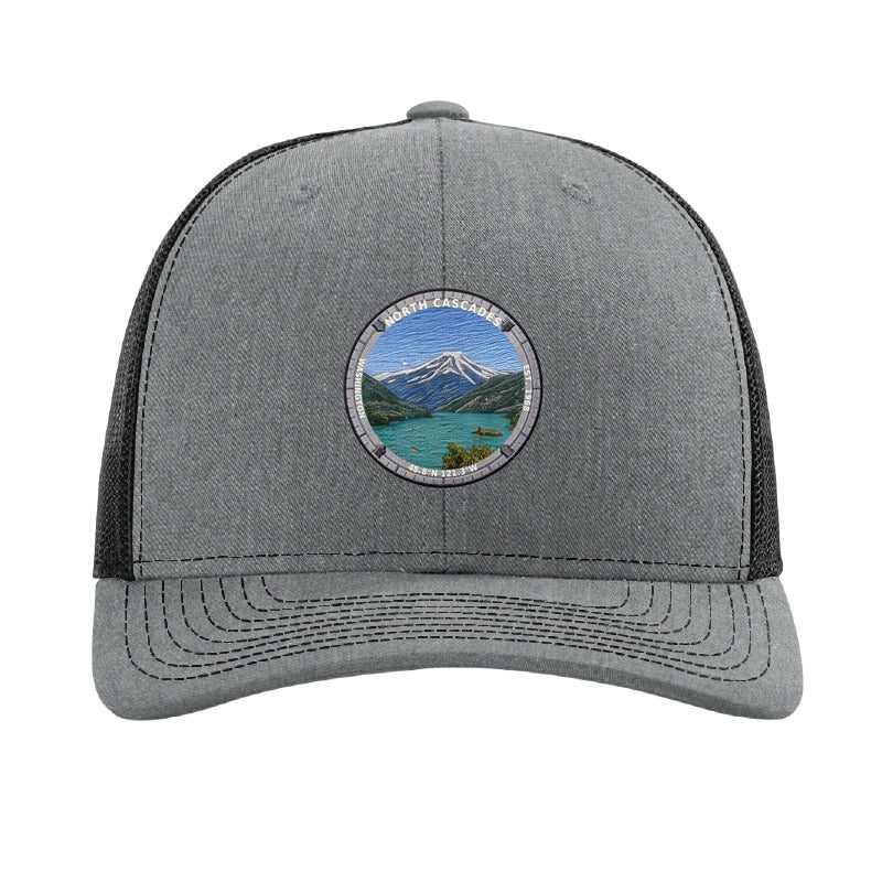 North Cascades National Park patch hat in Heather Grey/Black — Diablo Lake badge on a Richardson 112 trucker cap