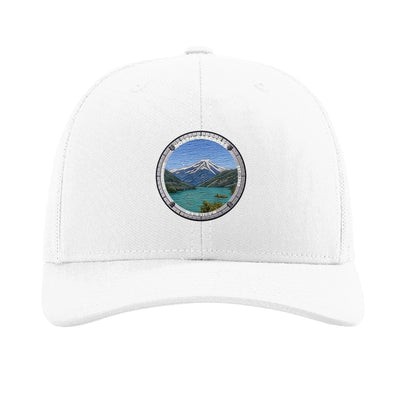 North Cascades National Park patch hat in White — Diablo Lake badge on a Richardson 112 trucker cap