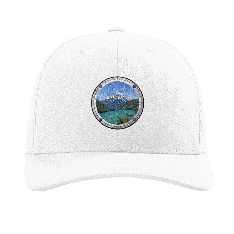 North Cascades National Park patch hat in White — Diablo Lake badge on a Richardson 112 trucker cap