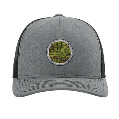 Olympic National Park patch hat in Heather Grey/Black — Hoh Rain Forest badge on a Richardson 112 trucker cap