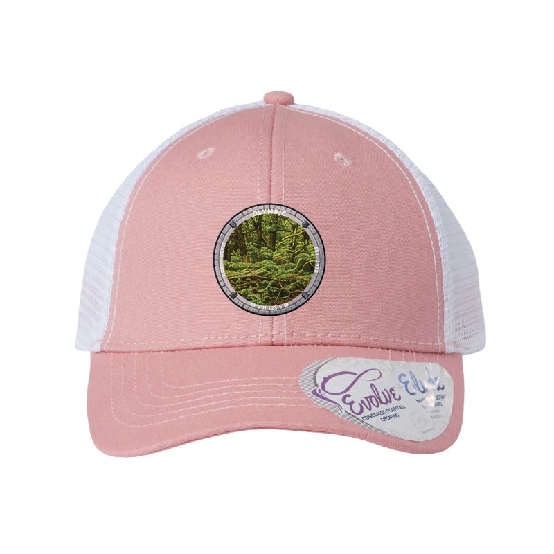 Olympic National Park patch hat in Dusty Rose/White — Hoh Rain Forest badge on an Infinity Charlie ponytail cap