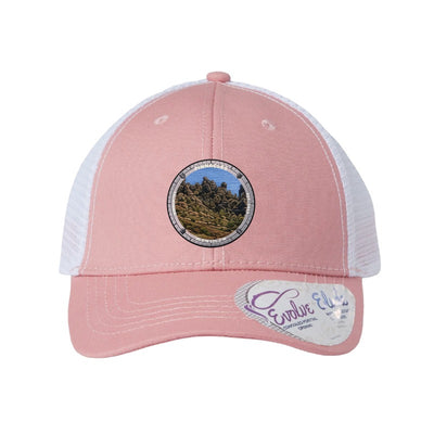 Pinnacles National Park patch hat in Dusty Rose/White — volcanic rock spires badge on an Infinity Charlie ponytail cap