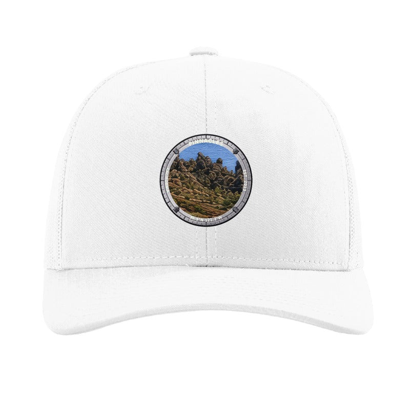 Pinnacles National Park patch hat in White — volcanic rock spires badge on a Richardson 112 trucker cap