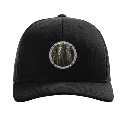 Redwood National Park patch hat in Black — coast redwood grove badge on a Richardson 112 trucker cap