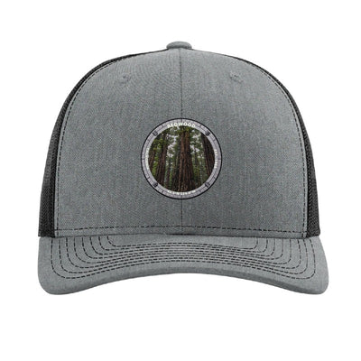 Redwood National Park patch hat in Heather Grey/Black — coast redwood grove badge on a Richardson 112 trucker cap