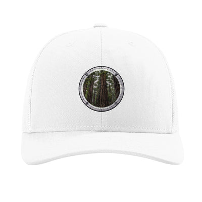 Redwood National Park patch hat in White — coast redwood grove badge on a Richardson 112 trucker cap