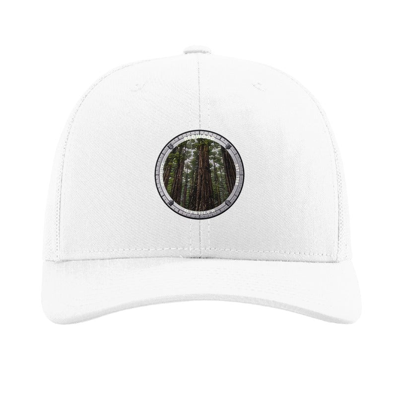Redwood National Park patch hat in White — coast redwood grove badge on a Richardson 112 trucker cap