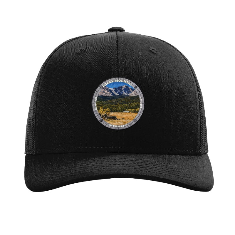 Rocky Mountain National Park patch hat in Black — Longs Peak with elk badge on a Richardson 112 trucker cap