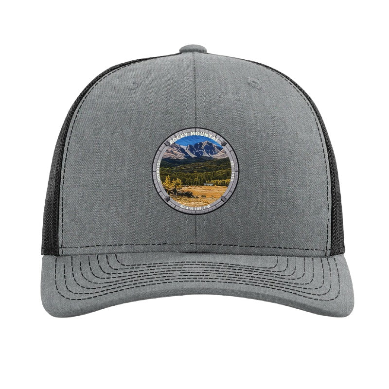 Rocky Mountain National Park patch hat in Heather Grey/Black — Longs Peak with elk badge on a Richardson 112 trucker cap