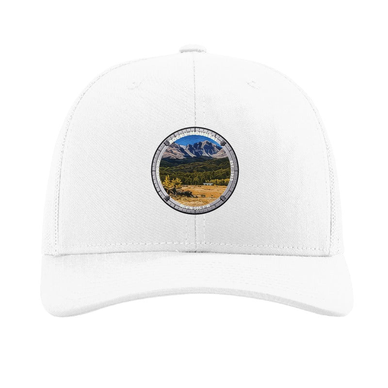 Rocky Mountain National Park patch hat in White — Longs Peak with elk badge on a Richardson 112 trucker cap