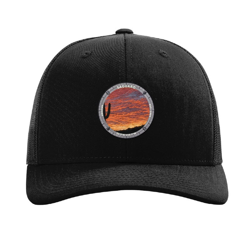 Saguaro National Park patch hat in Black — saguaro cactus at sunset badge on a Richardson 112 trucker cap