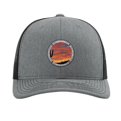 Saguaro National Park patch hat in Heather Grey/Black — saguaro cactus at sunset badge on a Richardson 112 trucker cap