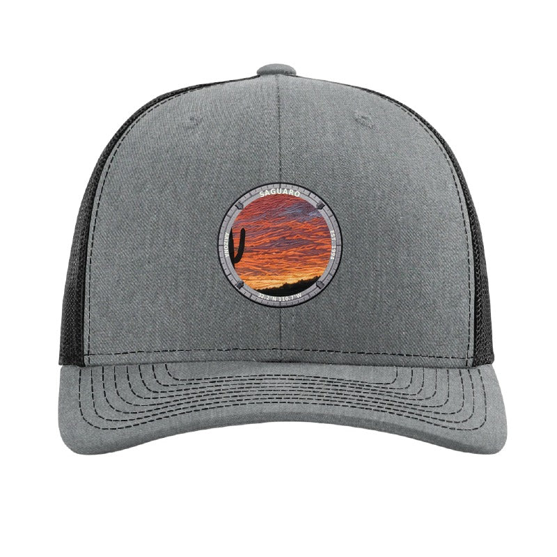 Saguaro National Park patch hat in Heather Grey/Black — saguaro cactus at sunset badge on a Richardson 112 trucker cap
