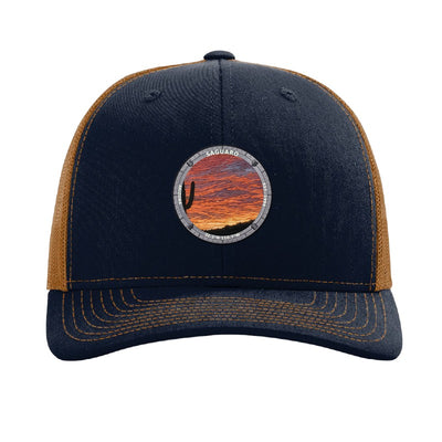 Saguaro National Park patch hat in Navy/Caramel — saguaro cactus at sunset badge on a Richardson 112 trucker cap