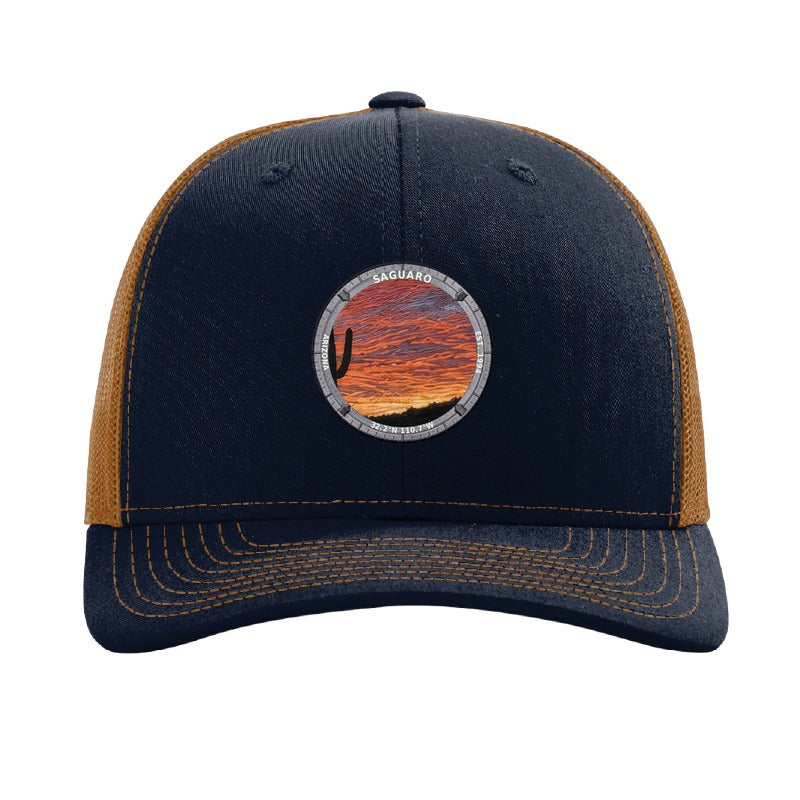 Saguaro National Park patch hat in Navy/Caramel — saguaro cactus at sunset badge on a Richardson 112 trucker cap