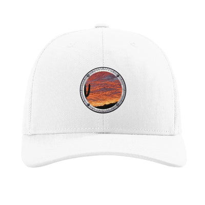 Saguaro National Park patch hat in White — saguaro cactus at sunset badge on a Richardson 112 trucker cap