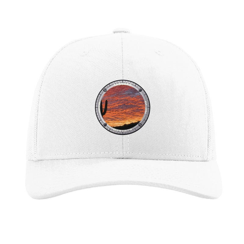 Saguaro National Park patch hat in White — saguaro cactus at sunset badge on a Richardson 112 trucker cap