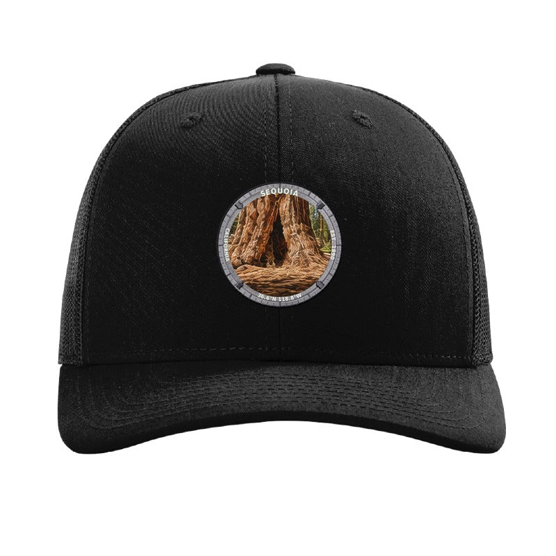 Sequoia National Park patch hat in Black — General Sherman Tree badge on a Richardson 112 trucker cap