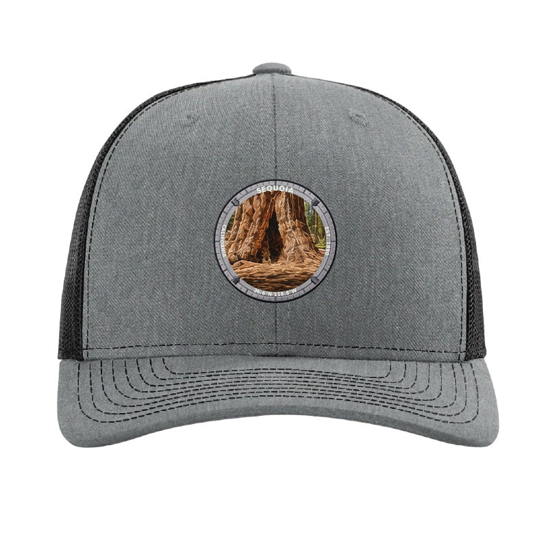 Sequoia National Park patch hat in Heather Grey/Black — General Sherman Tree badge on a Richardson 112 trucker cap