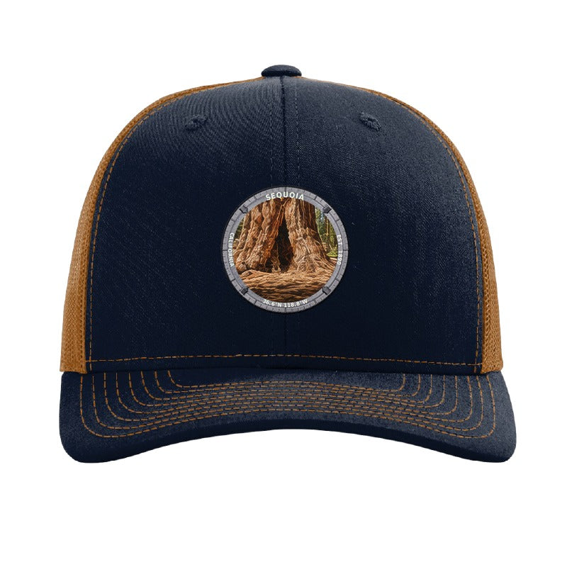 Sequoia National Park patch hat in Navy/Caramel — General Sherman Tree badge on a Richardson 112 trucker cap