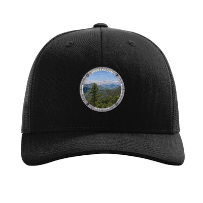 Shenandoah National Park patch hat in Black — Blue Ridge from Skyline Drive badge on a Richardson 112 trucker cap