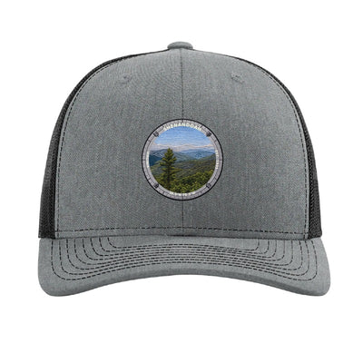 Shenandoah National Park patch hat in Heather Grey/Black — Blue Ridge from Skyline Drive badge on a Richardson 112 trucker cap