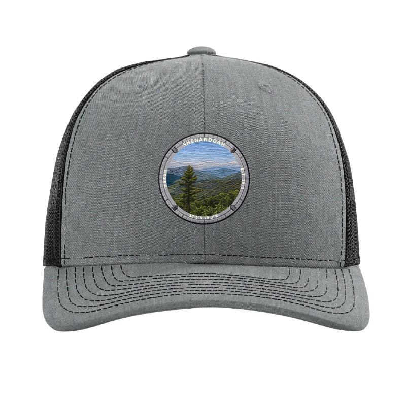 Shenandoah National Park patch hat in Heather Grey/Black — Blue Ridge from Skyline Drive badge on a Richardson 112 trucker cap