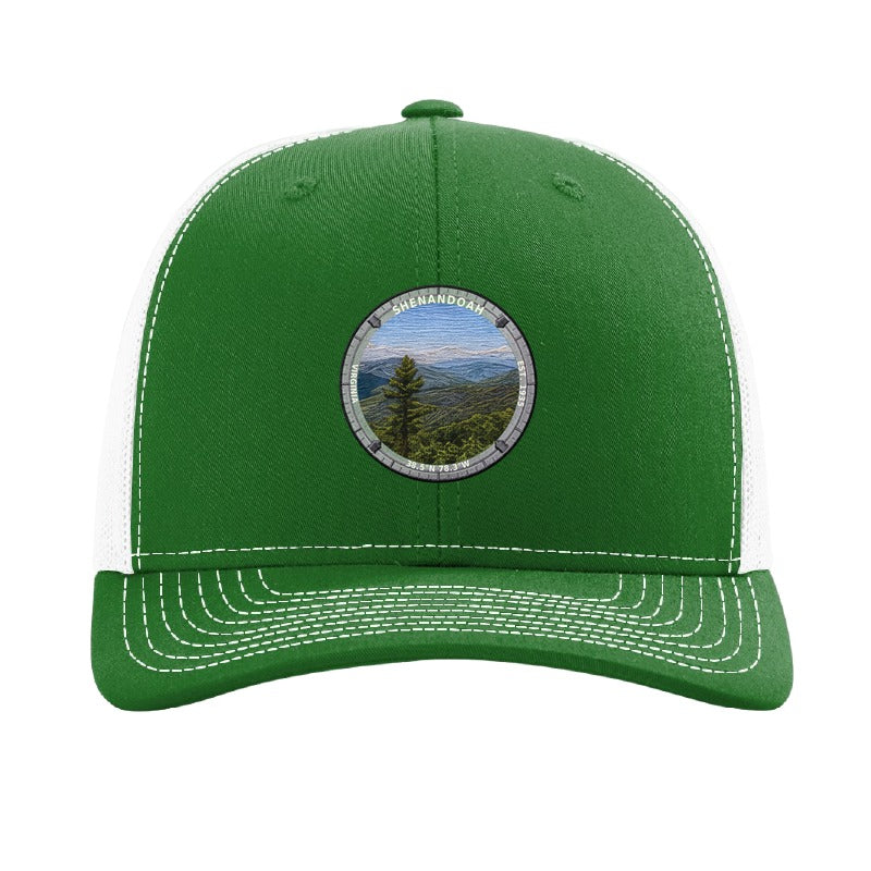 Shenandoah National Park patch hat in Kelly Green/White — Blue Ridge from Skyline Drive badge on a Richardson 112 trucker cap