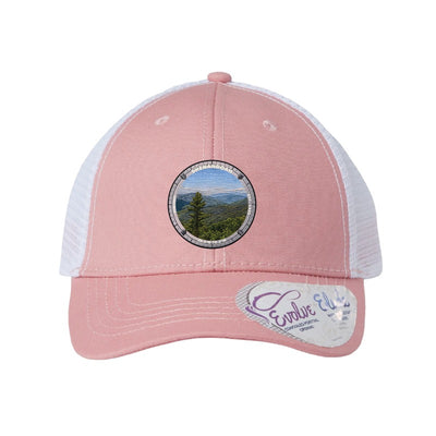 Shenandoah National Park patch hat in Dusty Rose/White — Blue Ridge from Skyline Drive badge on an Infinity Charlie ponytail cap