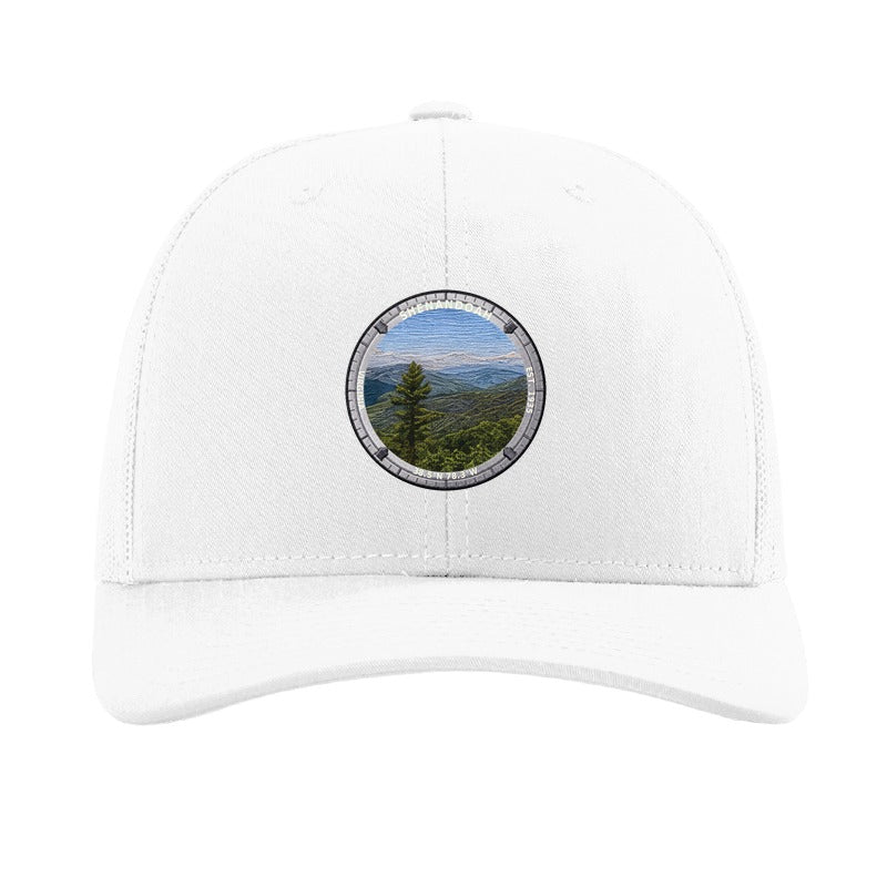 Shenandoah National Park patch hat in White — Blue Ridge from Skyline Drive badge on a Richardson 112 trucker cap
