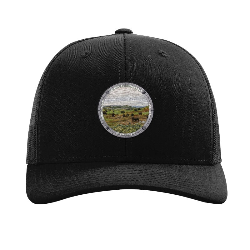 Theodore Roosevelt National Park patch hat in Black — bison on the badlands grassland badge on a Richardson 112 trucker cap
