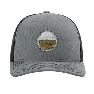 Theodore Roosevelt National Park patch hat in Heather Grey/Black — bison on the badlands grassland badge on a Richardson 112 trucker cap