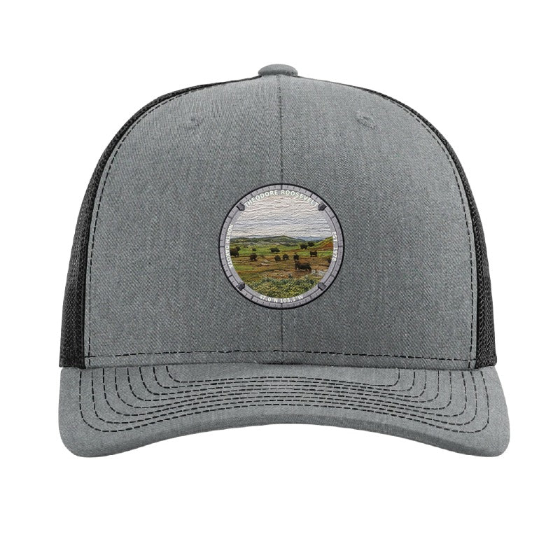 Theodore Roosevelt National Park patch hat in Heather Grey/Black — bison on the badlands grassland badge on a Richardson 112 trucker cap