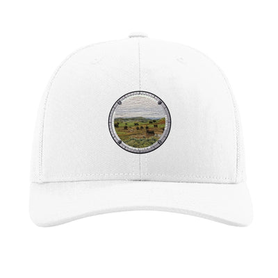 Theodore Roosevelt National Park patch hat in White — bison on the badlands grassland badge on a Richardson 112 trucker cap