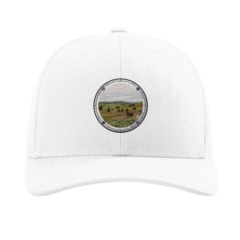Theodore Roosevelt National Park patch hat in White — bison on the badlands grassland badge on a Richardson 112 trucker cap