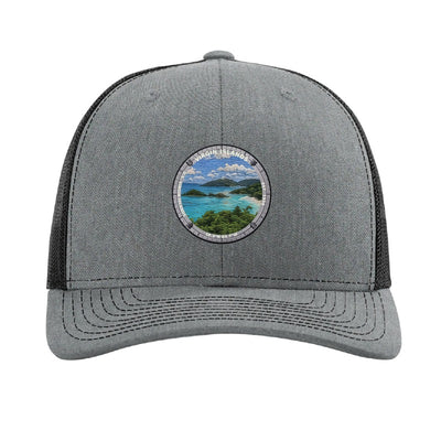 Virgin Islands National Park patch hat in Heather Grey/Black — Trunk Bay beach and reef badge on a Richardson 112 trucker cap