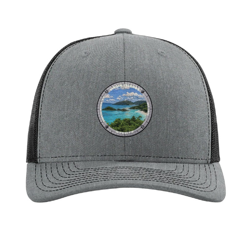 Virgin Islands National Park patch hat in Heather Grey/Black — Trunk Bay beach and reef badge on a Richardson 112 trucker cap