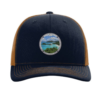 Virgin Islands National Park patch hat in Navy/Caramel — Trunk Bay beach and reef badge on a Richardson 112 trucker cap