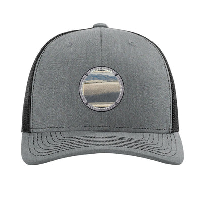 White Sands National Park patch hat in Heather Grey/Black — white gypsum dunes badge on a Richardson 112 trucker cap