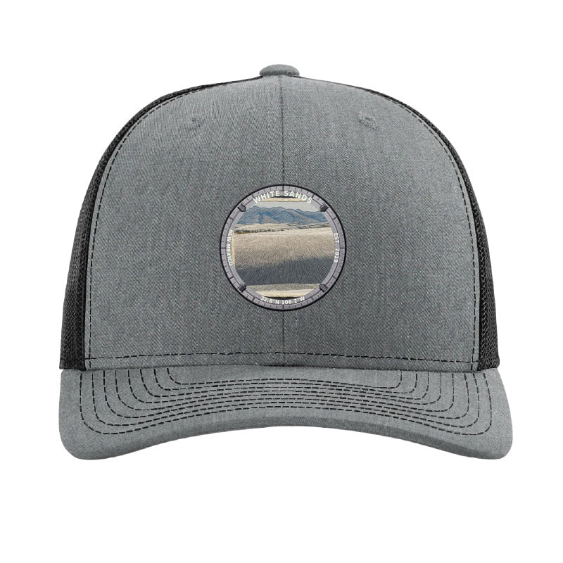 White Sands National Park patch hat in Heather Grey/Black — white gypsum dunes badge on a Richardson 112 trucker cap