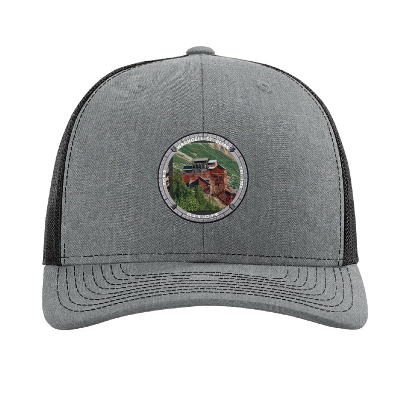 Wrangell-St. Elias National Park patch hat in Heather Grey/Black — Kennecott Mines badge on a Richardson 112 trucker cap