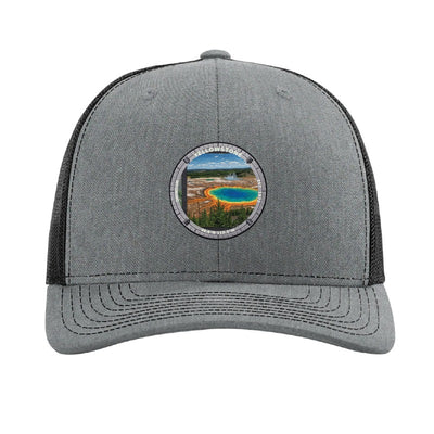 Yellowstone National Park patch hat in Heather Grey/Black — Grand Prismatic Spring badge on a Richardson 112 trucker cap