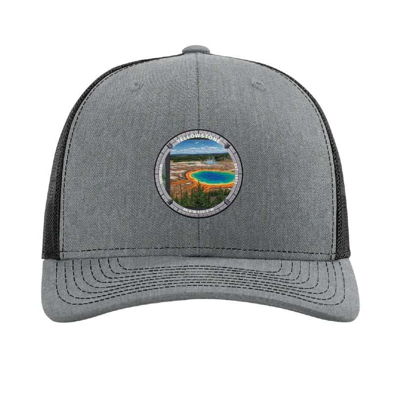 Yellowstone National Park patch hat in Heather Grey/Black — Grand Prismatic Spring badge on a Richardson 112 trucker cap