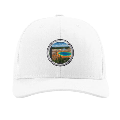 Yellowstone National Park patch hat in White — Grand Prismatic Spring badge on a Richardson 112 trucker cap
