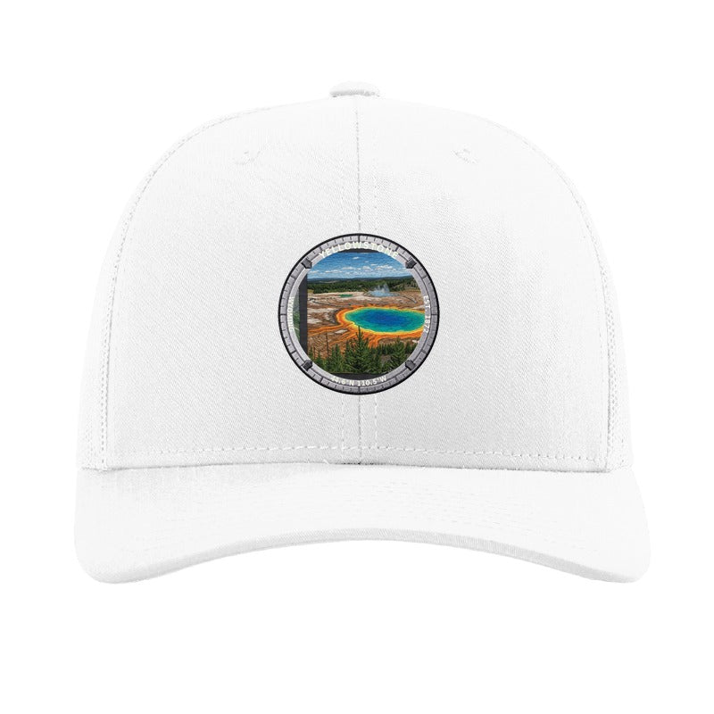 Yellowstone National Park patch hat in White — Grand Prismatic Spring badge on a Richardson 112 trucker cap