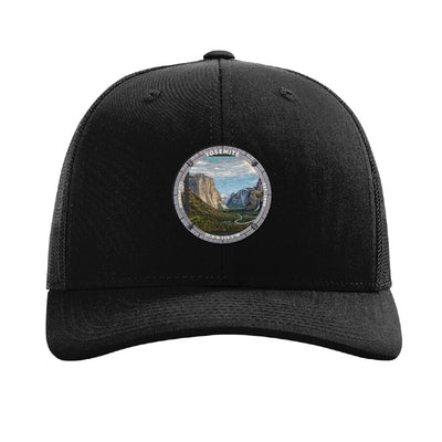 Yosemite National Park patch hat in Black — Tunnel View with El Capitan and Half Dome badge on a Richardson 112 trucker cap