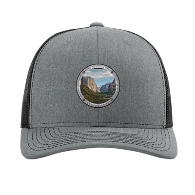 Yosemite National Park patch hat in Heather Grey/Black — Tunnel View with El Capitan and Half Dome badge on a Richardson 112 trucker cap