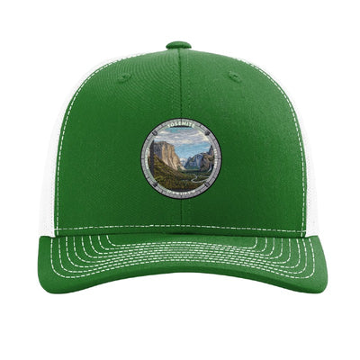 Yosemite National Park patch hat in Kelly Green/White — Tunnel View with El Capitan and Half Dome badge on a Richardson 112 trucker cap