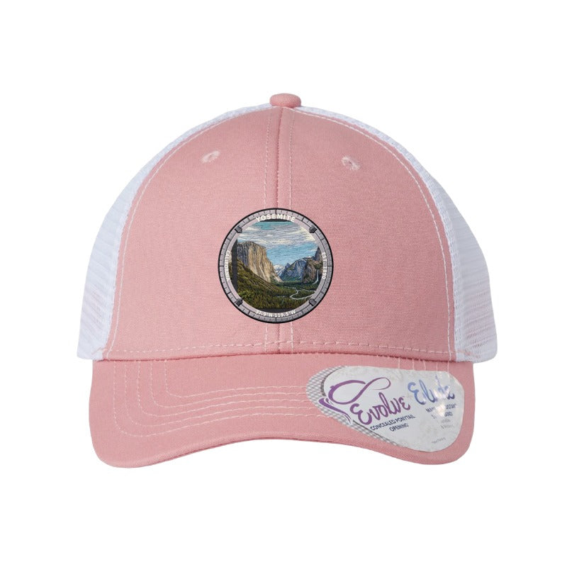Yosemite National Park patch hat in Dusty Rose/White — Tunnel View with El Capitan and Half Dome badge on an Infinity Charlie ponytail cap