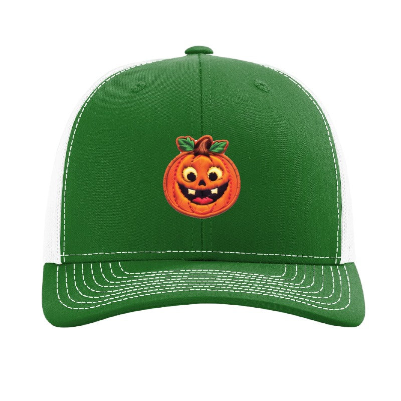 Snaggletooth jack-o'-lantern patch hat — Kelly Green/White
